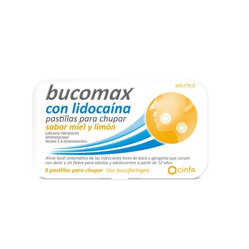 BUCOMAX CON LIDOCAINA PASTILLAS PARA CHUPAR SABOR MIEL Y LIMON, 8 pastillas